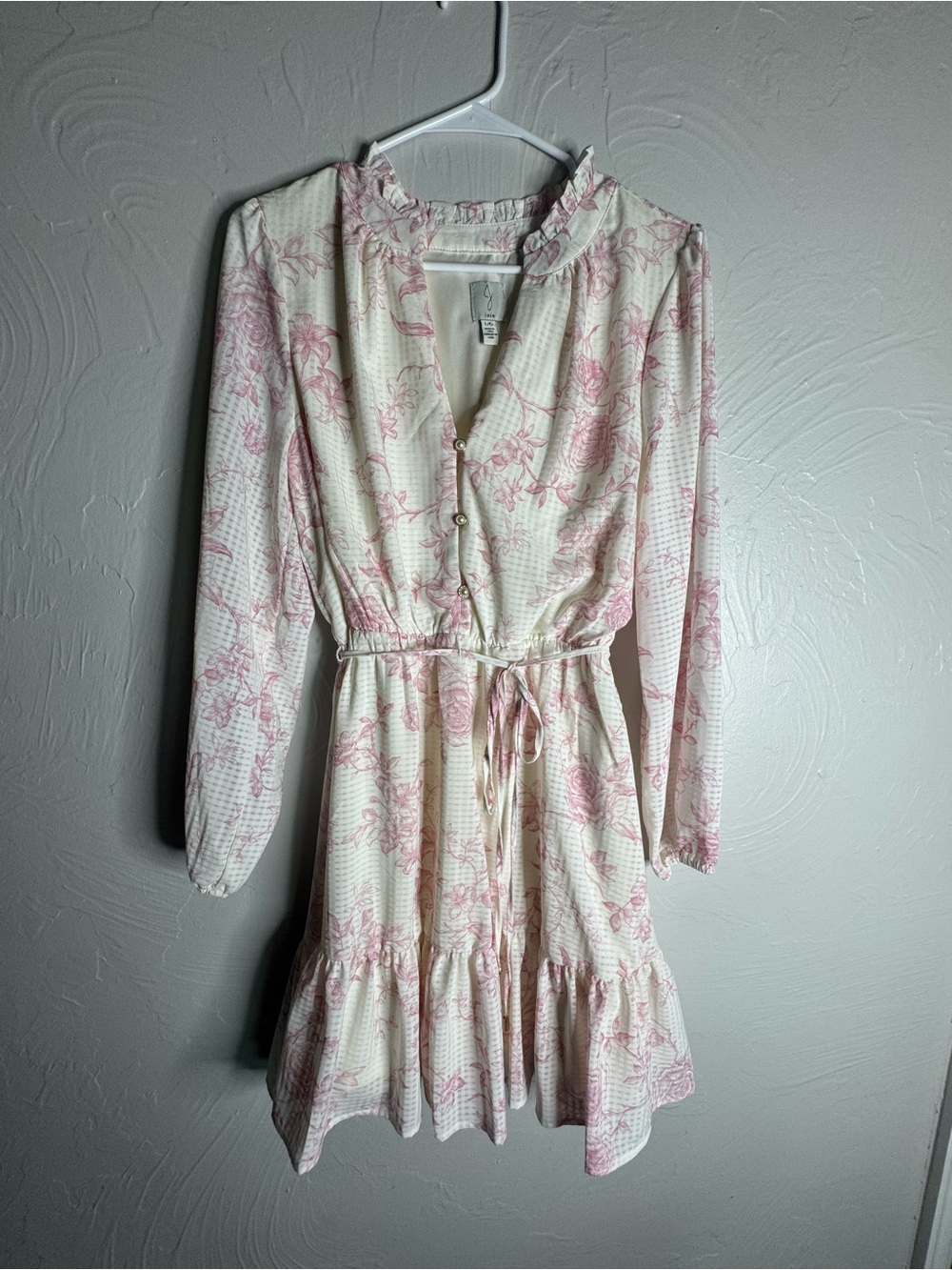 Joie Cream and Light Pink Floral Ruffle Tie-Waist Long Sleeve Dress